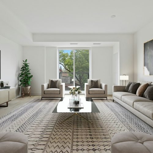 living room with white and black area rug and white wooden framed glass window